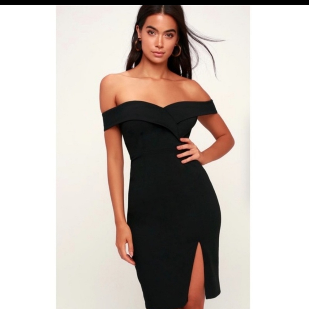 BRAND NEW W TAGS LULU'S CLASSIC GLAM OFF SHOULDER BODY CON DRESS, SIZE LARGE